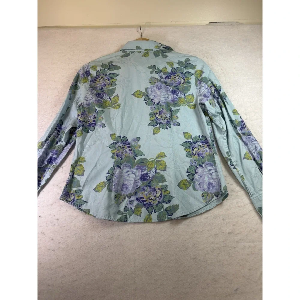 J Jill Blue Floral Textured Button Down Blouse Womens S Cotton L/SL